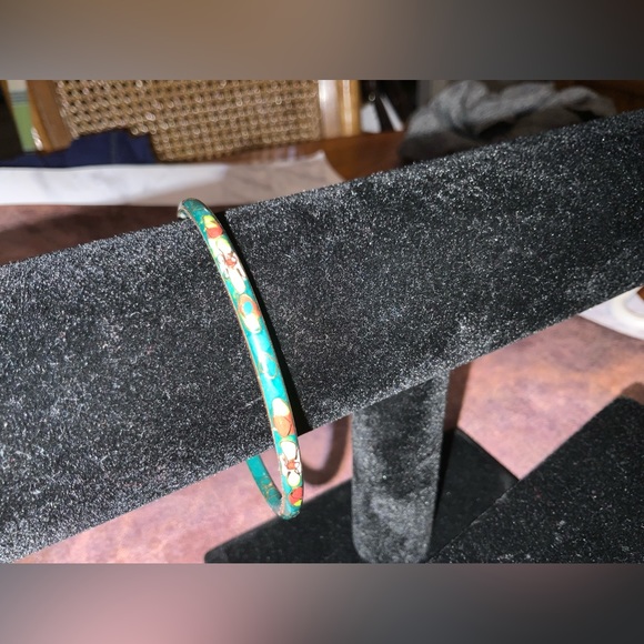 Stunning Vintage Gold-Tone Green Floral Cloisonné Bangle Bracelet - Picture 5 of 6